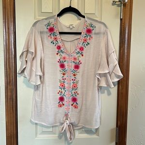 Umgee Short Sleeve Embroidered Blouse- Size L